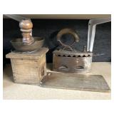 Antique Iron & Coffee Grinder.