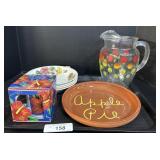 Ceramic Plates, Glass Pokadot Pitcher, Hawaii Mug.