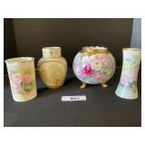 4pc Hand Painted Porcelain Floral Rose Vases, Cup.