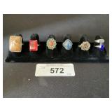 6 Vintage Gemstone Rings, Sterling Silver.