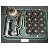 Cast Iron Mold, Speedo Jar Opener, Tongs.