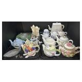 11 Ceramic Tea Pots, Angel Figures & Glassware.