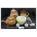 Stoneware Teapot & Cookie Jar, Pyrex Mixing Bowls.