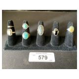 7 Vintage Gemstone Rings, Sterling & 925.