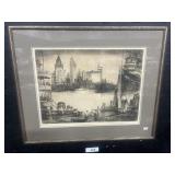 Signed Seaside Cityscape Etching.