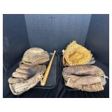 Vintage Baseball Gloves, Mini Bat.