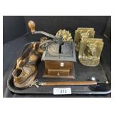 2 Cast Iron Door Stops, Coffee Grinder.