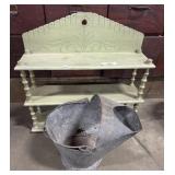 Carved Hanging Shelf, Coal Bucket.