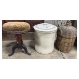 Vtg Wicker Carboy, Stoneware Pot, Antique Piano