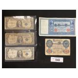 3 Blue Seal $1 Bank Notes, 2 German Reich Mark.