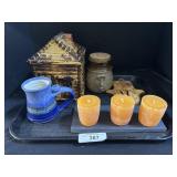 Cabin Cookie Jar, Stoneware Mug & Jar, Candles.