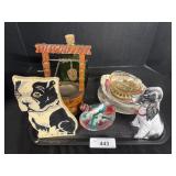 Dog Decor, Wooden Well, Green Decanter.