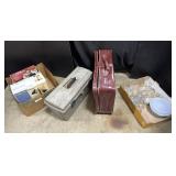 Leather Suitcase, Various Glassware, Tacklebox.