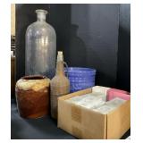 Glass Bottle, Spannuth Calf Feed, Pottery Crock.