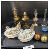 Vintage Hens On A Nest & Hurricanes Lamps.