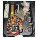 Cast Iron Figures, Rock Pick Hammer, Harmonica.