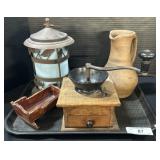 Vintage Coffee Grinder, Stone Pitcher, Lantern.