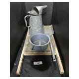 Vintage Washboard, Galvanized Pitcher & Shovel.