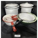 Vintage Enamelware Pots, Kettles, Bowl.