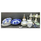 Flow Blue & Black Plates & Bowls, Hurricane Lamps.