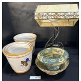 Table Lamp, Hand Painted Flower Pots, Tin Dishes.