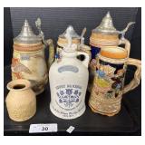 4 German Beer Steins, Empty Whiskey Decanter.