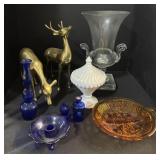 Cobalt Blue Glassware, Amber Carnival Dish.
