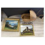 2 Landscape Paintings, Early Doll Stroller.