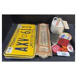 License Plates, Thermometers, Pins.
