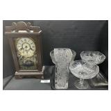 Vintage Wooden Mantle Clock & Pressed Glassware.
