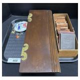 Antique Walnut Dresser Box, Pins, Mini Books.