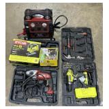 Drills, Ryobi Jig Saw, Power Pack, Hose.