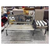 Cast Iron & Wooden Bench, (2) Mesh Patio Chairs.