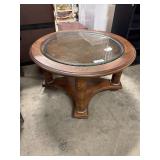 Cool Round Oak & Leather Parlor Table.