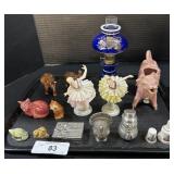 Vintage Japan Figures & Creamer, Hurricane Lamp.