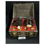 Vintage Wooden Chest, Amber Glass Decanter Set.