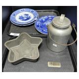 Vintage Flow Blue Plates, Cake Pan & Milk Can.