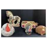 Chalkware Horse, Ornaments, Christmas Lights.