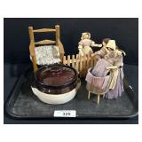 Vintage Corn Husk Dolls & Stoneware Bean Pot.