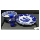 Vintage Flow Blue Plates & Bowl, Blue Glass Vase.