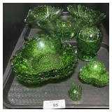 2 Trays Of Various Green Pressed Glass Glassware.