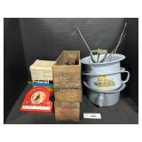 Enamelware Chamber Pots, Wooden Cheese Boxes.