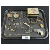 Tray Of Jewelry, Watches, Pins, Hubley Cap Gun.