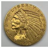 1908 $5 Gold Indian Head Half Eagle.