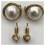 2 Pairs 14KT Gold Pearl, Diamond Earrings.