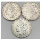 3 90% Silver 1879 Morgan Dollars.
