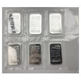 6 JM Brand 1 Troy Oz Fine Silver Bars.