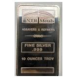 NTR Metals 10 Troy Oz Fine Silver Bar.