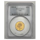 PCGS Graded Gold 1883-R Italian 20 Lire.