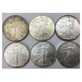 6 1 Troy Oz Fine Silver American Eagle Dollars.